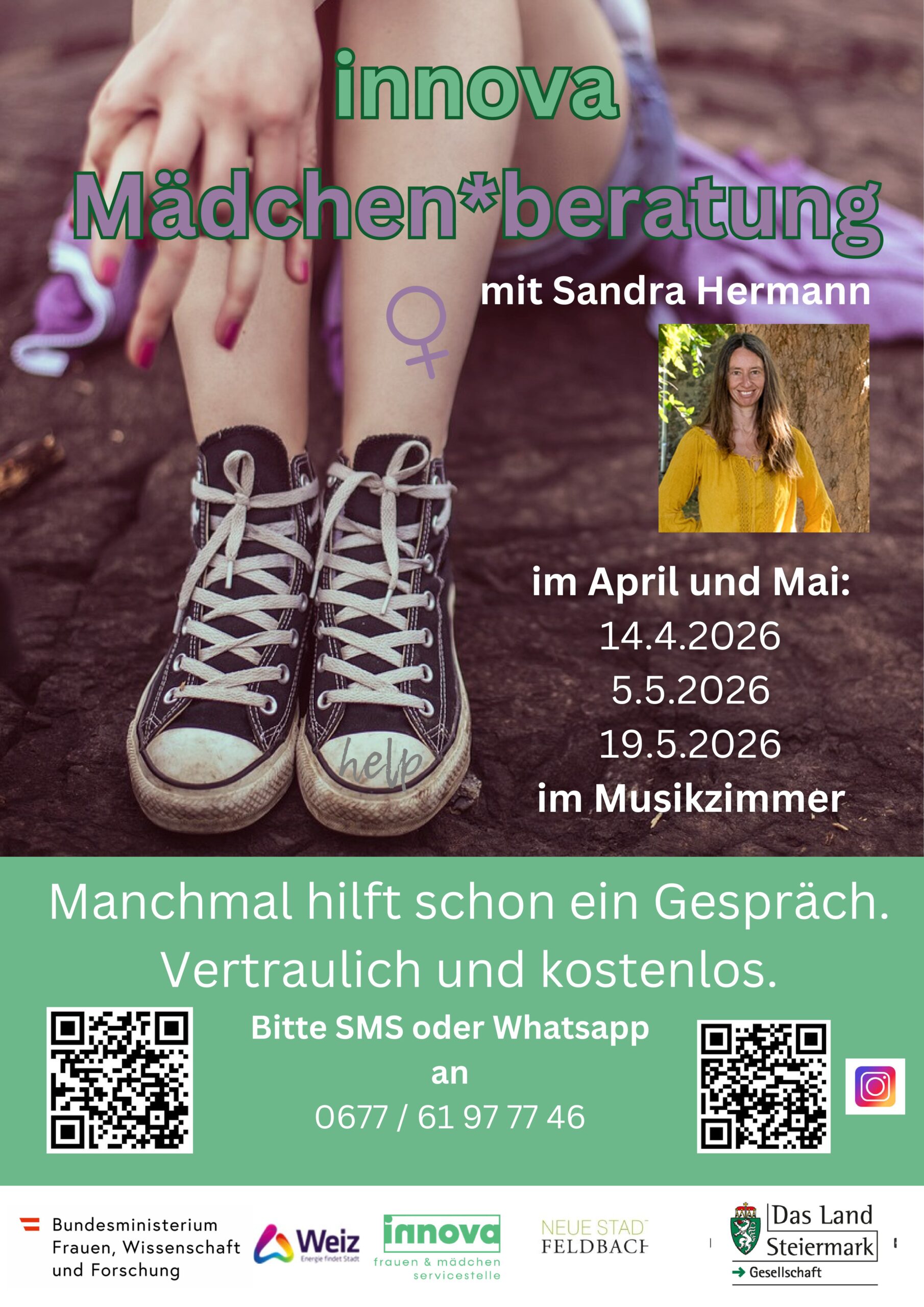 Poster für Mädchenberatung mit Kontaktdetails und Terminen im April und Mai 2026 im Musikzimmer.