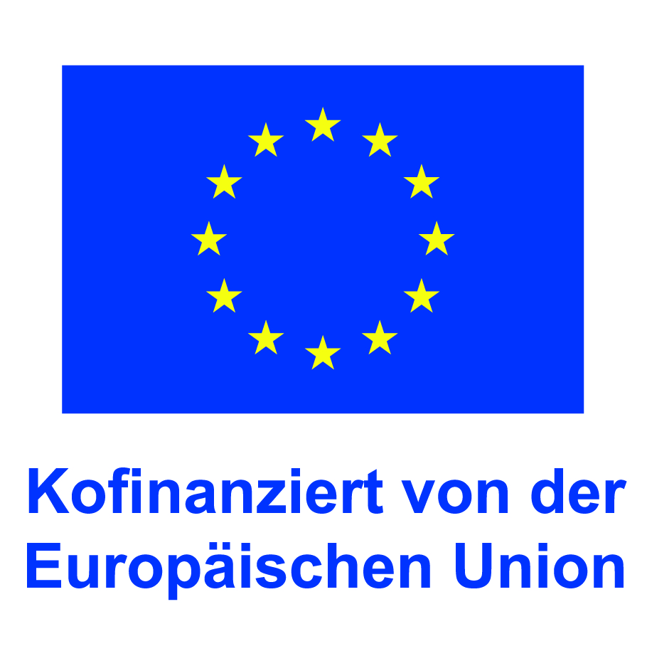 Flagge der Europäischen Union mit dem Text 'Kofinanziert von der Europäischen Union' darunter.