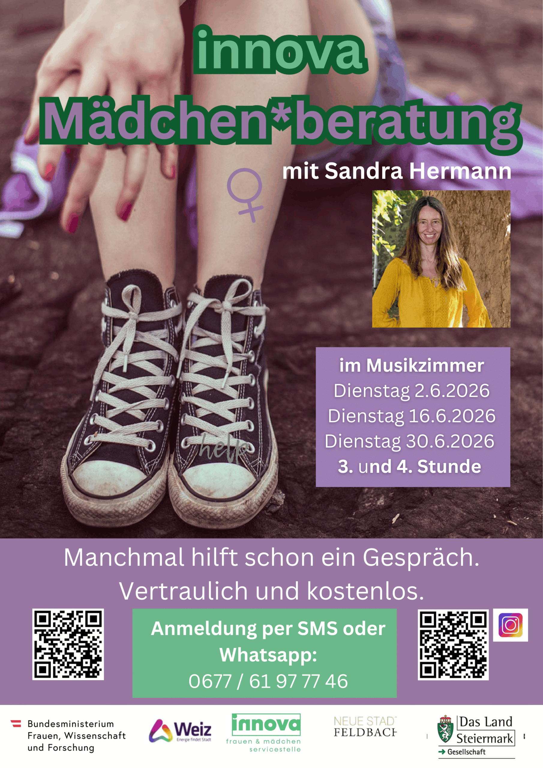 Plakat für Mädchenberatung mit Sandra Hermann: vertrauliche und kostenlose Gespräche an bestimmten Terminen.